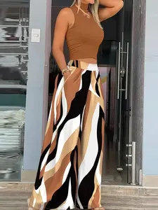 Women's Casual Fitted Knit Sweater Set, Womenswear, Wave Pattern, Half High Neck & Wide Leg Pants, Perfect for Vacation, Ladies Fashion Clothing