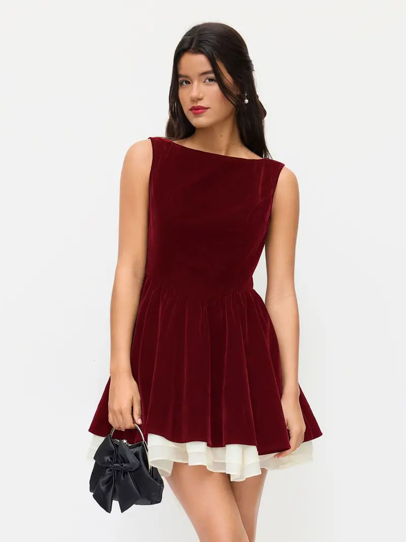 burgundy babydoll dress Entro Embroidered Babydoll Dress with Pockets