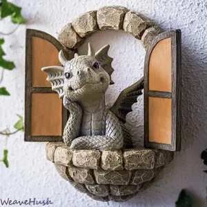 Dragon & Dinosaur Statue Garden Ornaments, Creative Window & Door Opening Decor, Mythical Dragon Sculpture Yard Art, Windproof Outdoor Courtyard Hanging & Standing Decoration, Unique Pastoral Style Design for Garden, Patio, Balcony & Home Exterior Decor