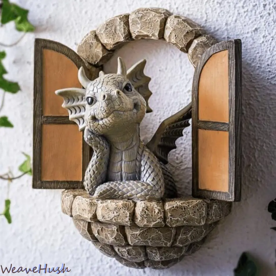 Dragon & Dinosaur Statue Garden Ornaments, Creative Window & Door Opening Decor, Mythical Dragon Sculpture Yard Art, Windproof Outdoor Courtyard Hanging & Standing Decoration, Unique Pastoral Style Design for Garden, Patio, Balcony & Home Exterior Decor