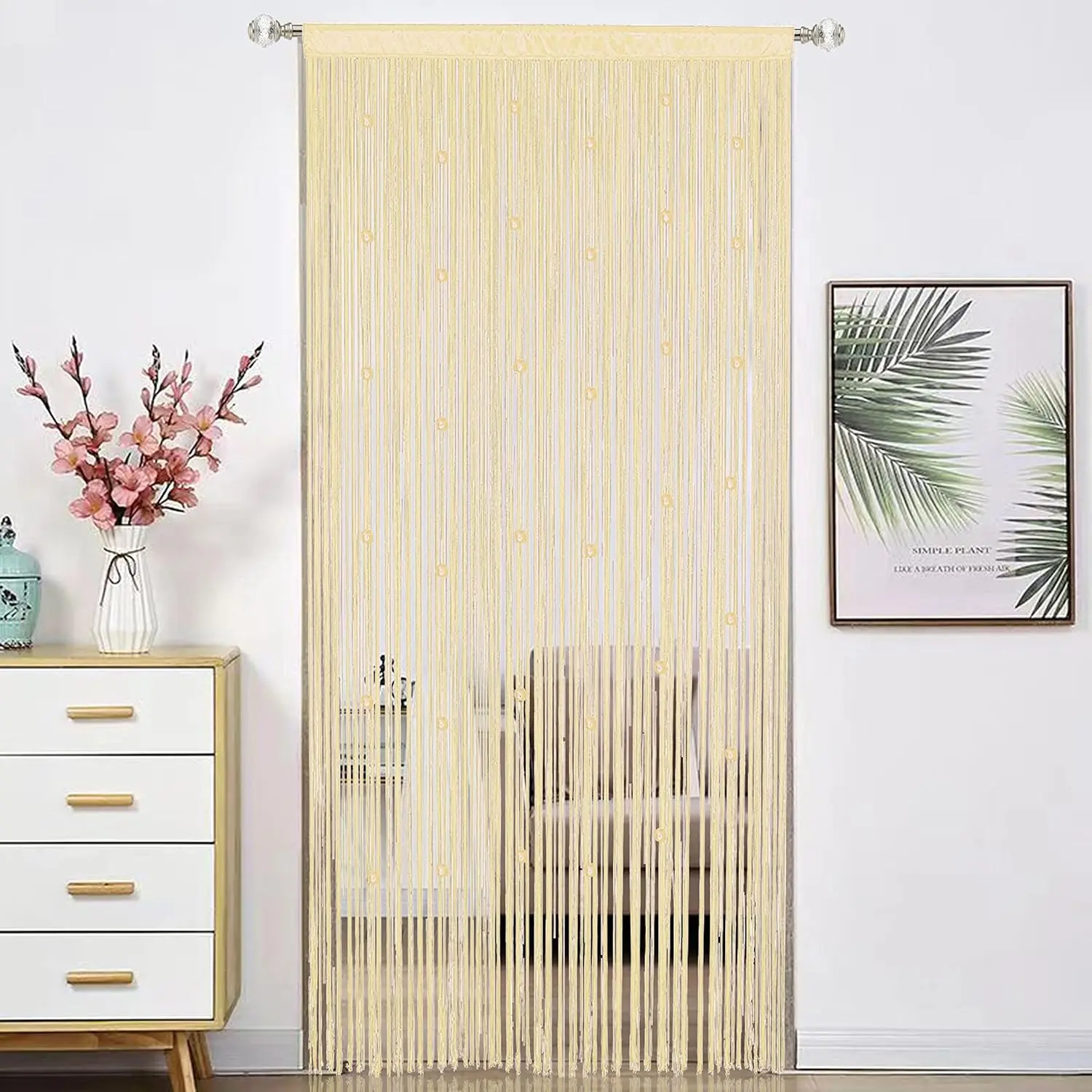 Beaded Curtain Beads Door String Curtains Ideal for Living Room Decor Wall Hanging Fringe Doorway Divider Bedroom Backdrop Hippie Window Closet  Rod Pocket Dense (100x200cm,Champagne)