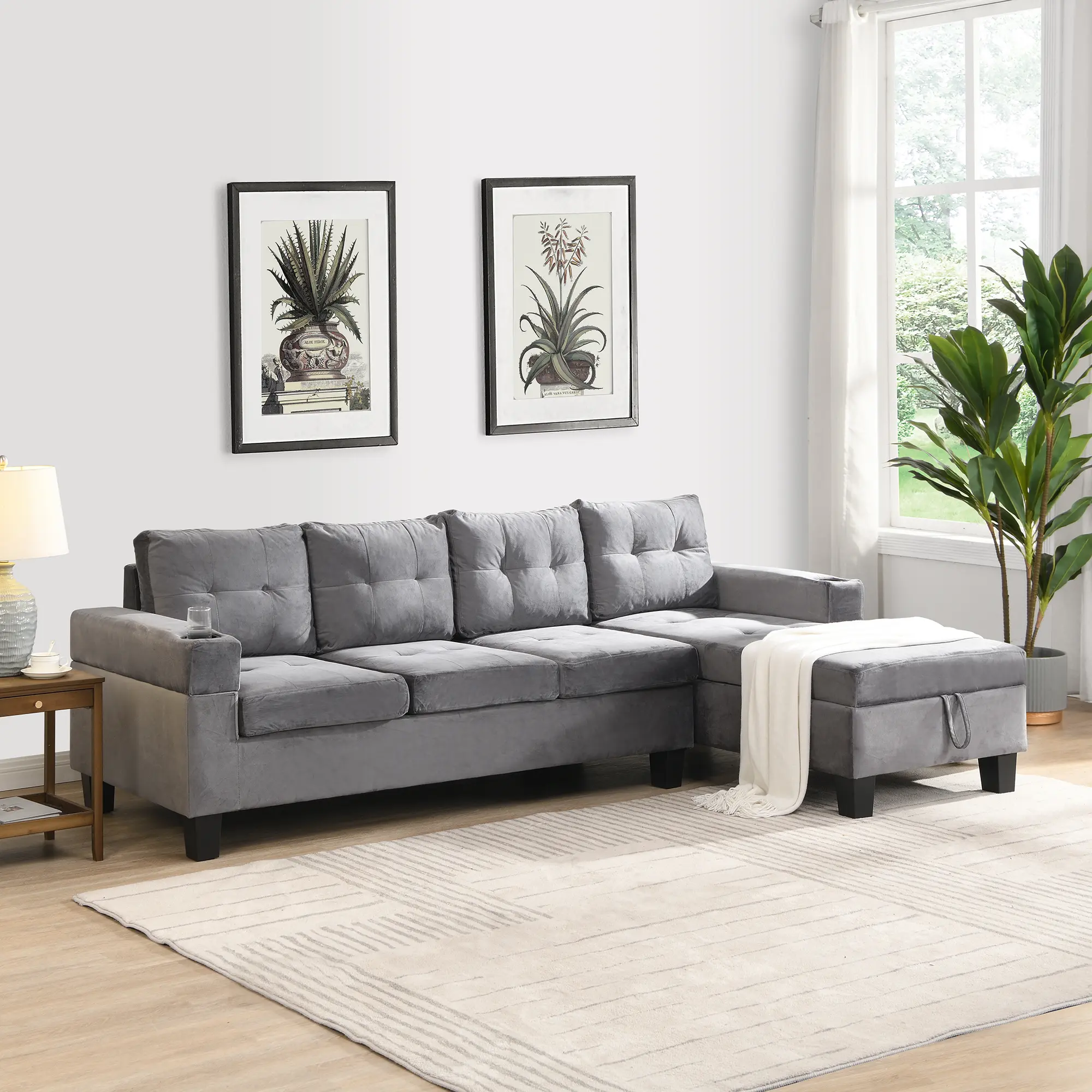 Modern L-Shape Sectional Sofa Set for Living Room with Chaise Lounge, Cup Holder, Right Hand Storage Chaise, 4-Seat Upholstered Couch with Hidden Storage, Grey Fabric Sofa for Family Room, Living Room Furniture for Apartment, Lounge