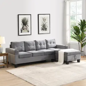 Modern L-Shape Sectional Sofa Set for Living Room with Chaise Lounge, Cup Holder, Right Hand Storage Chaise, 4-Seat Upholstered Couch with Hidden Storage, Grey Fabric Sofa for Family Room, Living Room Furniture for Apartment, Lounge