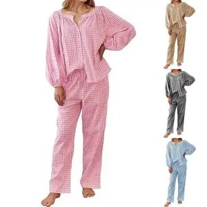 Womens Gingham Pajama Set 2 Piece 100% Cotton Plaid Long Sleeve Button Top Straight Leg Pants Lounge Set Sleepwear Cozy Pyjamas