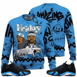 14 University Blue Outfits, Black University Blue 14s Ugly Sweater, Meme Friday Horror Streetwear Unisex Sneaker Matching Shirts