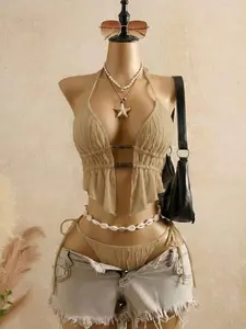 Boho Textured Knit Beaded Bikini Top & Fringe Cover-Up Set - Beach, Vacation, Festival