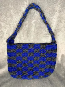 Crochet Checkered Handbag - Blue & Gray Acrylic Small Bag with Magnetic Clasp for Concerts & Festivals - Compact Stylish Accessory