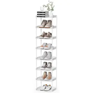 Narrow Shoe Storage Rack, Compact Single Shoerack Stand for Slim Space, Stackable Tall Thin Show Tower, Solid Plastic Shelves, for Hallways, Kitchens, Bedrooms Tidy Organizer (White, 8 Tier)