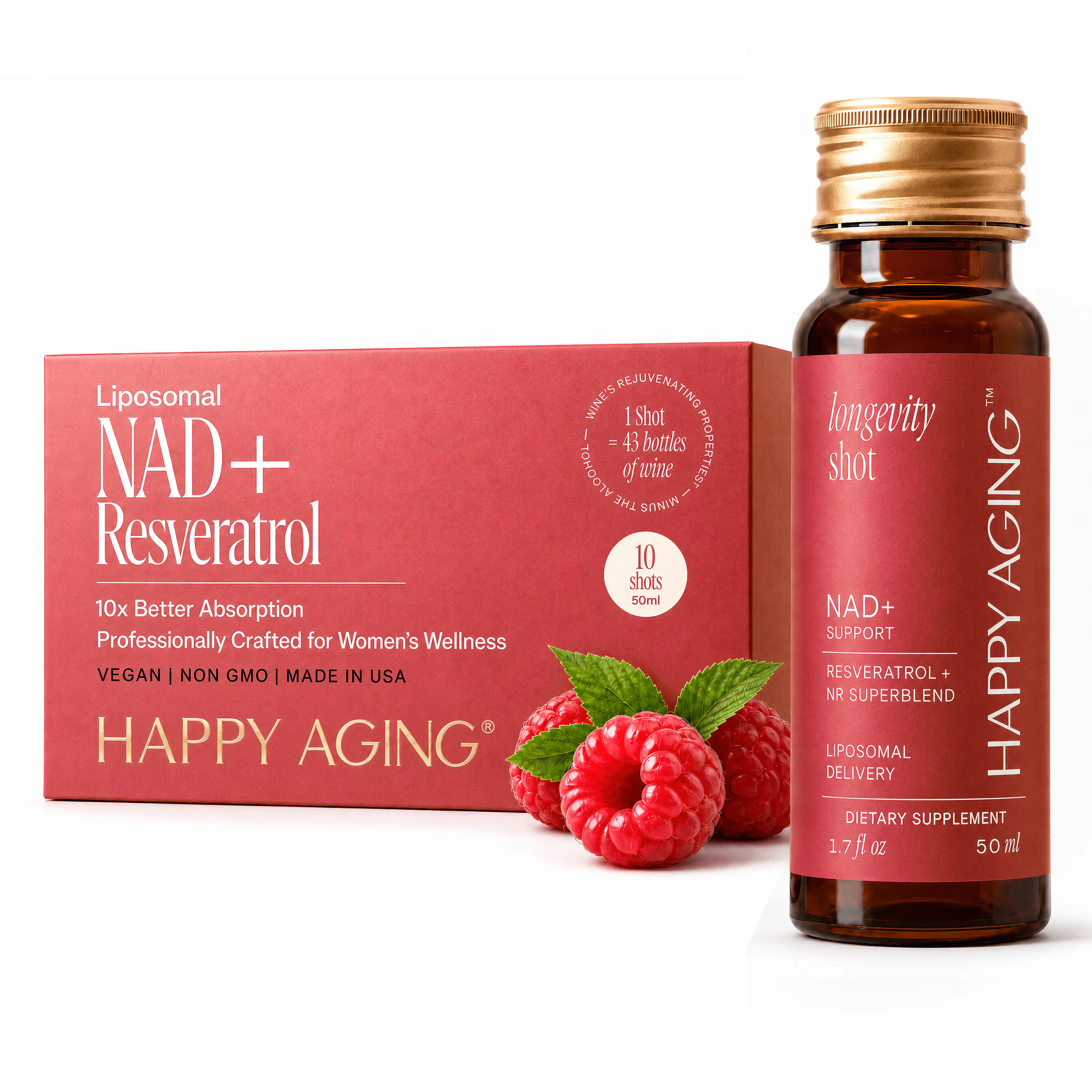 Happy Aging Longevity NAD+ Liquid Shots - Dietary Anti-Inflammatory & Brain Support Antioxidants Nutritional Supplements with Nicotinamide Riboside, Resveratrol | 10 Shots, 30-Day Supply
