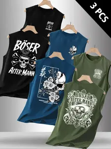 Men’s 3-Pack Gothic Skull & Rose Print Sleeveless Tank Tops, "Böser Alter Mann" Quote Streetwear Muscle Shirts, Gym & Daily Wear Vests, Summer Sleeveless Top