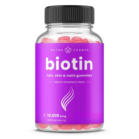 NutraChamps Biotin Gummies 10,000 mcg for Hair Skin & Nails Natural Strawberry Flavor US Made