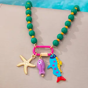 [Beach Bead Necklace] 1pc Summer Beach Style Multi-layered Resin Bead Necklace with Colorful Fish and Starfish Pendants, a Bohemian-style Accessory Suitable for Vacations and Beach Parties