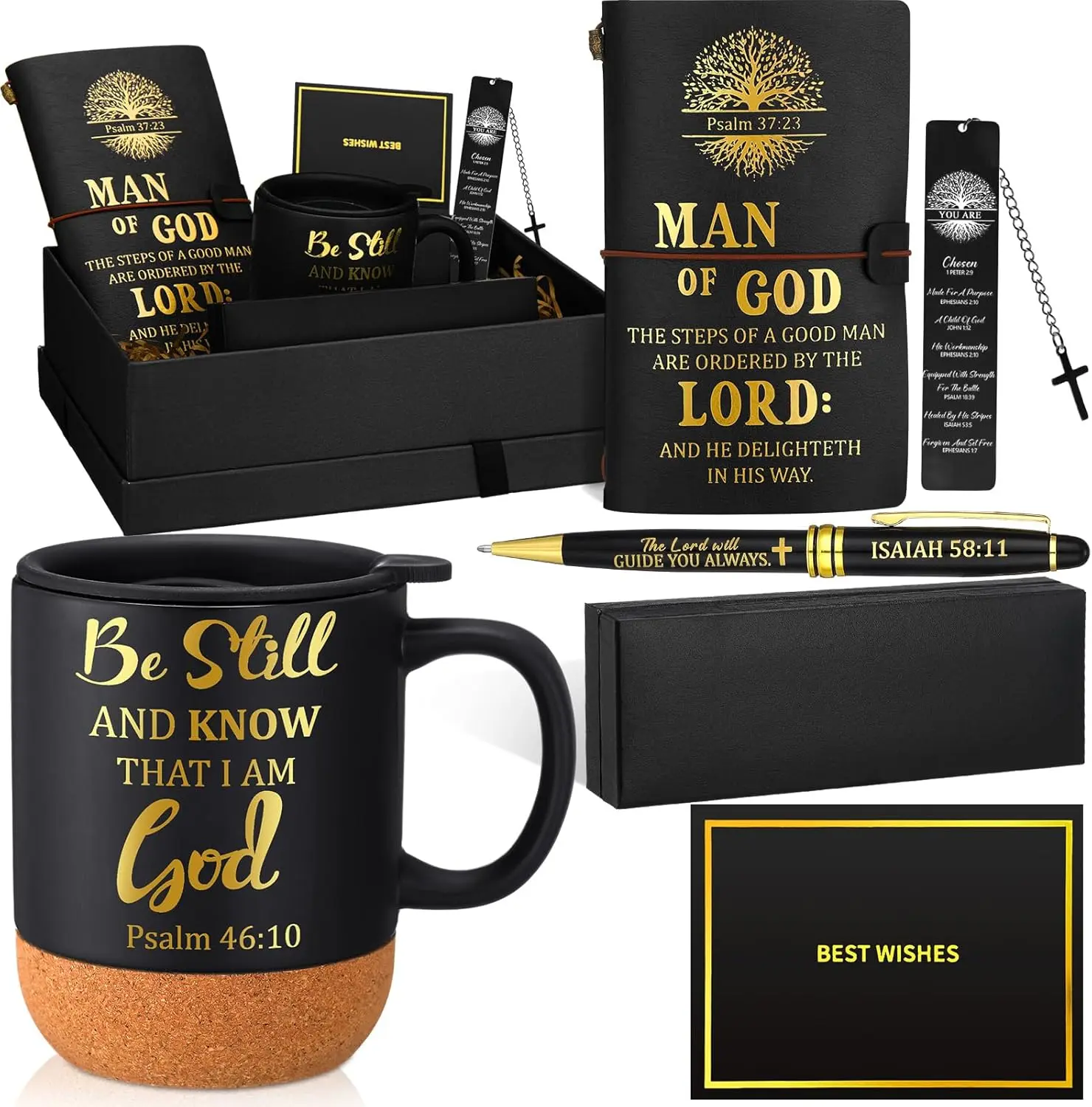 Christian Gift for Men 6pcs Father's Day Gift Religious Gift Box with Leather Bible Notebook Pen 13.5 oz Mug Bookmark and Greeting Card with Bible Verses Bible Study Supplies Man of God Gifts for Church Christian, Appreciation Gift