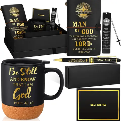 Gejoy Faith Gift for Men 6pcs Religious Gift with Christian Leather Notebook 13.5 oz Cup Pen Bookmark Greeting Card Bible Journaling Kit Church Study Supplies Man of God Gift for Christian Men Boyfriends Family Friends, Christmas Gifts
