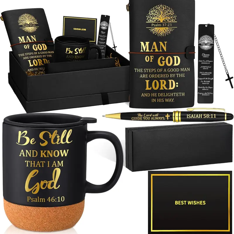 Gejoy Faith Gift for Men 6pcs Religious Gift with Christian Leather Notebook 13.5 oz Cup Pen Bookmark Greeting Card Bible Journaling Kit Church Study Supplies Man of God Gift for Christian Men Boyfriends Family Friends, Christmas Gifts