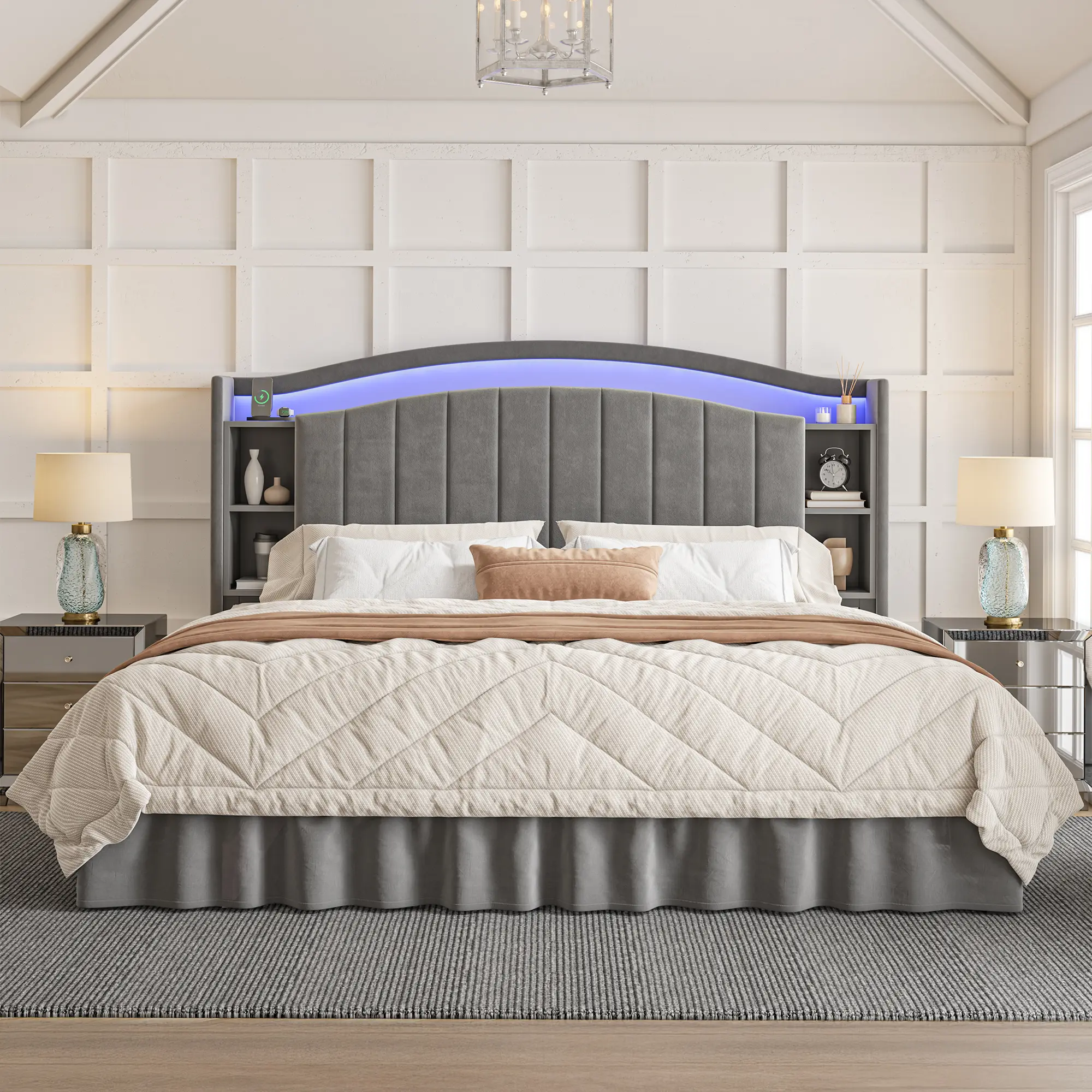 【Summerwins】Raybee Modern Bed Frame with 6 Storage Zone for Queen / King / Full Size, Luxury Upholstered Platform LED Bed Frame with Built-in Charging Station & Shelf on Headboard, 14" Under Bed Space for Apartment, Dorms, Attic, 881 lbs Capacity
