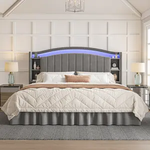 【deals for you days】Raybee Modern Bed Frame with 6 Storage Zone for Queen / King / Full Size, Luxury Upholstered Platform LED Bed Frame with Built-in Charging Station & Shelf on Headboard, 14" Under Bed Space for Apartment, Dorms, Attic, 881 lbs Capacity
