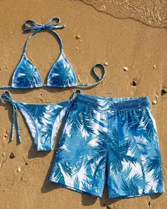 (Sale up 50%) Matching Couple Swimsuits Tropical Blue, Honeymoon Beach Outfits, Romantic Anniversary Gift for Couples, Hawaii Style Bikini and Shorts Set