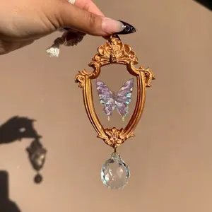 Vintage Gold-Colored Frame Artificial Butterfly Suncatcher Rainbow Prisms Hanging Decor Gift art home