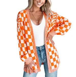 Asvivid Women's Fall Fashion Checkered Open Front Drop Shoulder Cardigan Colorblock Design Soft Knitwear for Winter