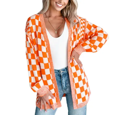 Asvivid Women's Fall Fashion Checkered Open Front Drop Shoulder Cardigan Colorblock Design Soft Knitwear For Winter