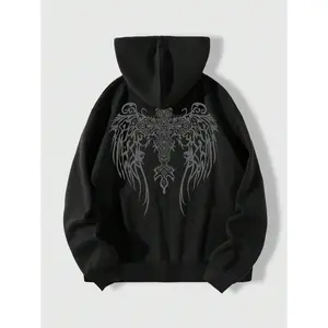 Zip Up Hoodie Wings Cross Print Graphic Goth Hoodie Sweatshirt with Pockets