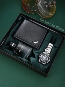 Silver Color Zinc Alloy Quartz Watch Set with Wallet and Classic Men's Perfume, Elegant Gift Combo, All Seasons Fashion