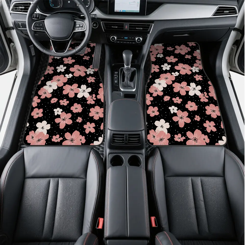 Mother's Day-4pcs Insulated Winter Floor Mats featuring Blush Blossoms on Black Design, Suitable for Freezing Temperatures, presenting Thermal Barrier and Cold Protection, Perfect for Ski Trips and Northern Regions.
