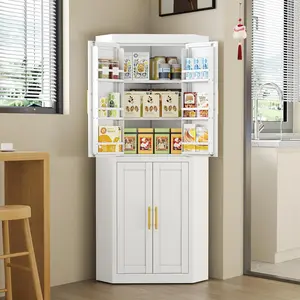 Farmhouse Corner Cabinet, Tall Corner Pantry Storage Cabinet with Refrigerator Door Design & Adjustable Shelves, for Laundry Room, Bathroom, Kitchen,Bedroom