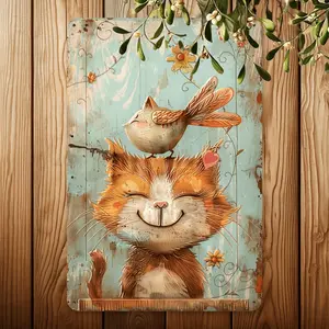 Vintage Cat and Bird Friendship Metal Wall Art Sign for Home Office Cafe and Garage Decor 8x12 Inches