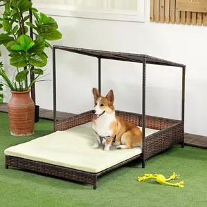 Wicker Dog House Outdoor with Canopy, Rattan Dog Bed with Removable Cushion, Raised Dog Bed, Cat Shelter, Patio Pet Sofa for Medium Sized Pet Mixed-Brown