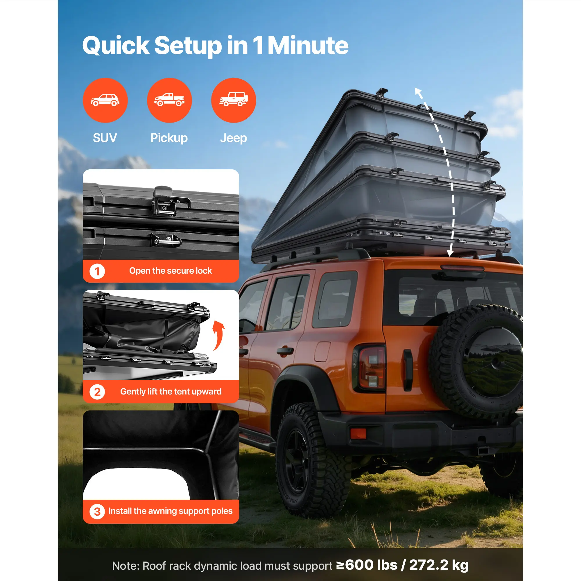 VEVOR Rooftop Tent Hard Shell, 2-3 Person Aluminum Roof Top Tent Hardshell with Tri-Color LED Light, 1 Window, Overland Camping Car Roof Rack for Jeep SUV Pickup