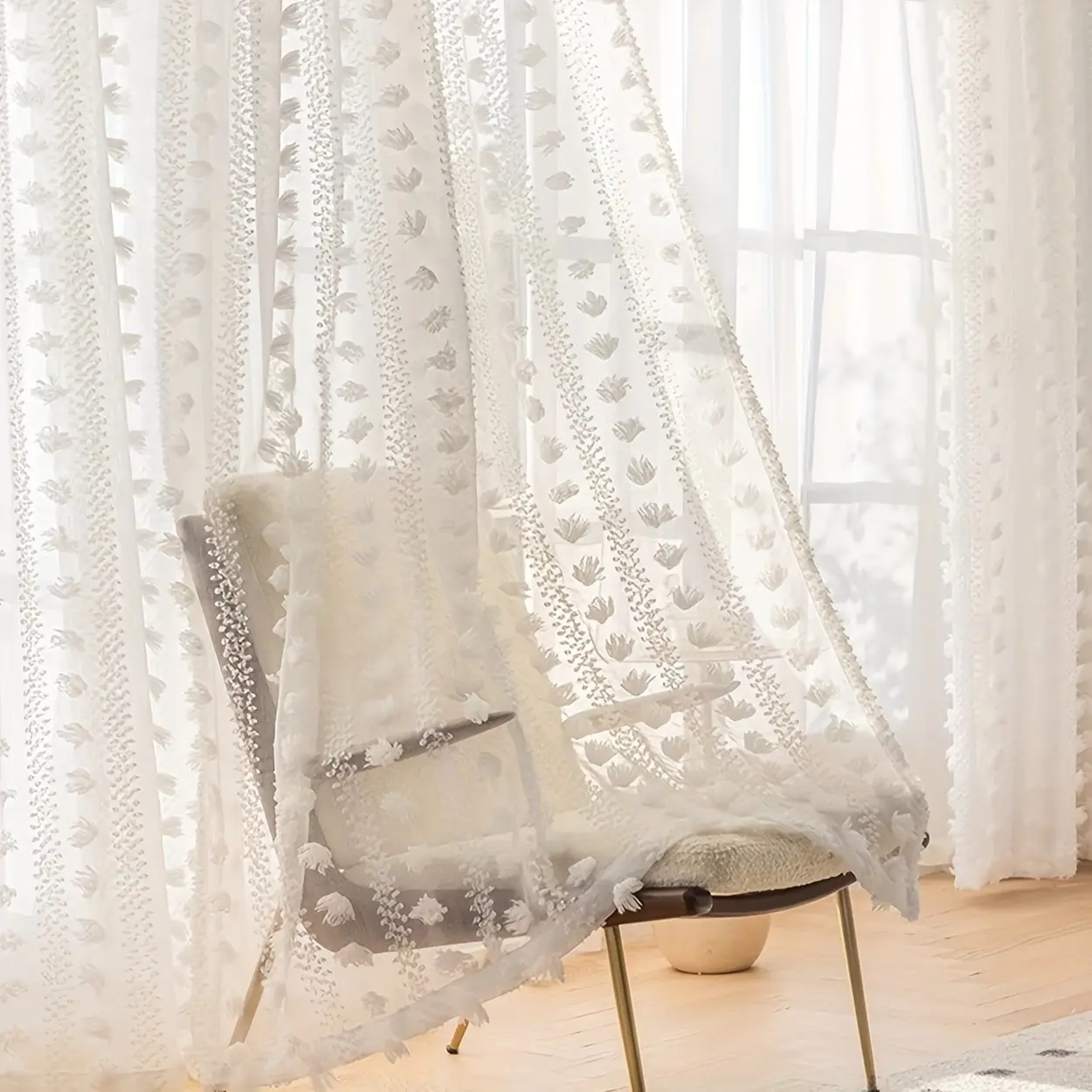 1panel Romantic Fuzzy Curtain Panel, French Country Style Bedroom Living Room Balcony Window Divider, Curtain For Windows, Window Curtain Panels, Light Filtering Decorative Sheer Curtains, Home Decoration Curtain, Interior Decoration Accessories