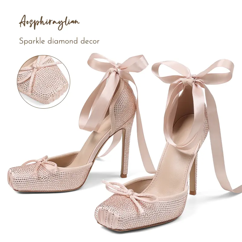 Women's Sparkly Satin Pumps, Square-Toe Ballet Heels with Rhinestone Bow and Ankle Ribbon Tie, Elegant Party Shoes, Heels For Women