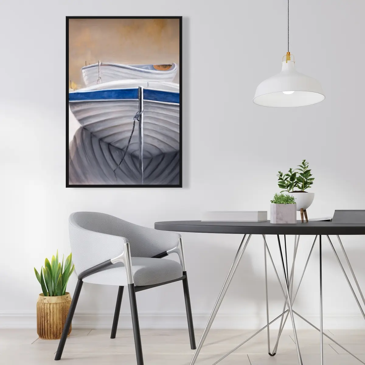 24" x 36" 360 Stand Coastal Nautical Framed Hangable Wall Art Print - Ocean Inspired Design, Decorative Artwork with 2 Canoe Boats, Bedroom Decor, Home Supplies