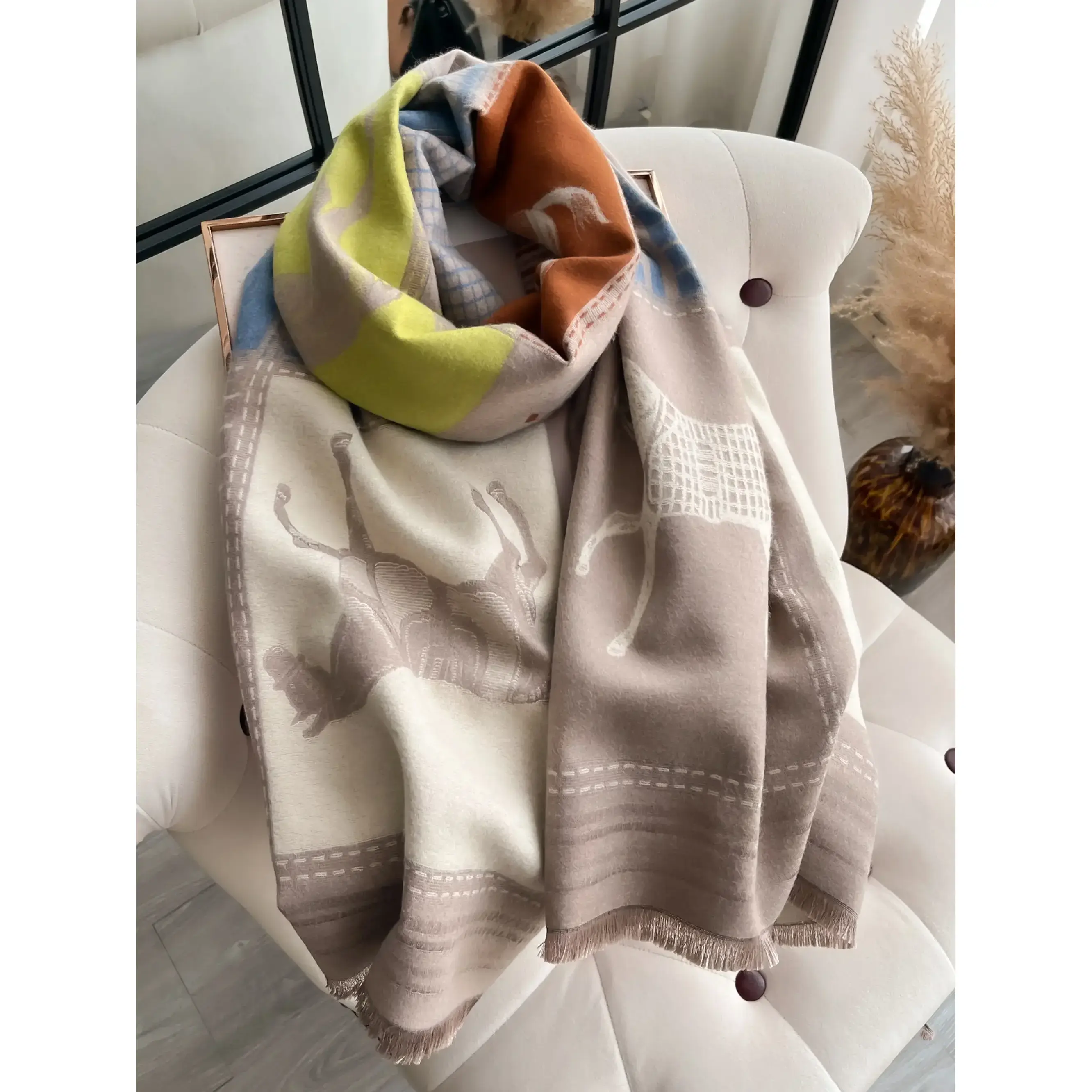 Boho Style Colorful Horse & Plaid Pattern Shawl, Casual Soft Warm Long Scarf, Textured Blanket Scarf for Fall & Winter, Fashion Accessories for Women & Men Boho Style Colorful Horse & Plaid Pattern Shawl, Casual Soft Warm Long Scarf, Textured Blanket Scarf for Fall & Winter, Fashion Accessories for Women & Men