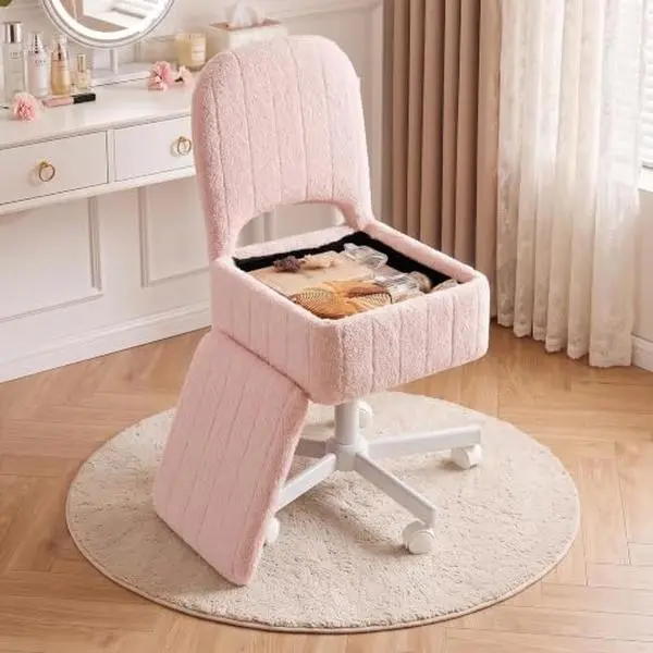 Vanity Stool Chair with Storage and Folding Back, Height Adjustable Lift Ottoman with 360° Swivel and Quiet Wheels, Soft Teddy Fleece Seat Stool, Vanity Chair Stool with Storage and Folding Back, Height Adjustable with Quiet, Vanity Chair With Wheels