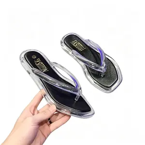 Women's Black Square Toe Clear Strap Flip Flops, Trendy Transparent Jelly Thong Sandals, NonSlip Soft Cushioned Sole Summer Beach Slides, Fashion Open Toe Flat Sandals for Daily Wear Vacation Pool Party Streetwear
