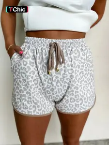 Women's Leopard Print Tie Waist High Rise Shorts, Casual Comfy Elastic Waist Shorts for Daily Wear, Ladies Bottoms for Spring & Fall