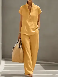 Women's Summer Short Sleeve + Long Pants Set, Solid Color Linen Cotton Design, Simple Fashion Style, Ideal for Vacation and Casual Wear, Button
