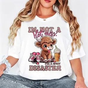 Cute And Funny Graphic Women's T-Shirt With Highland Cow And Ice Cream Design I'm Not A Hot Mess I'm A Spicy Disaster Text For Casual Wear In Spring Summer Perfect Gift For Friends And Family Who Love Humor And Cute Animals