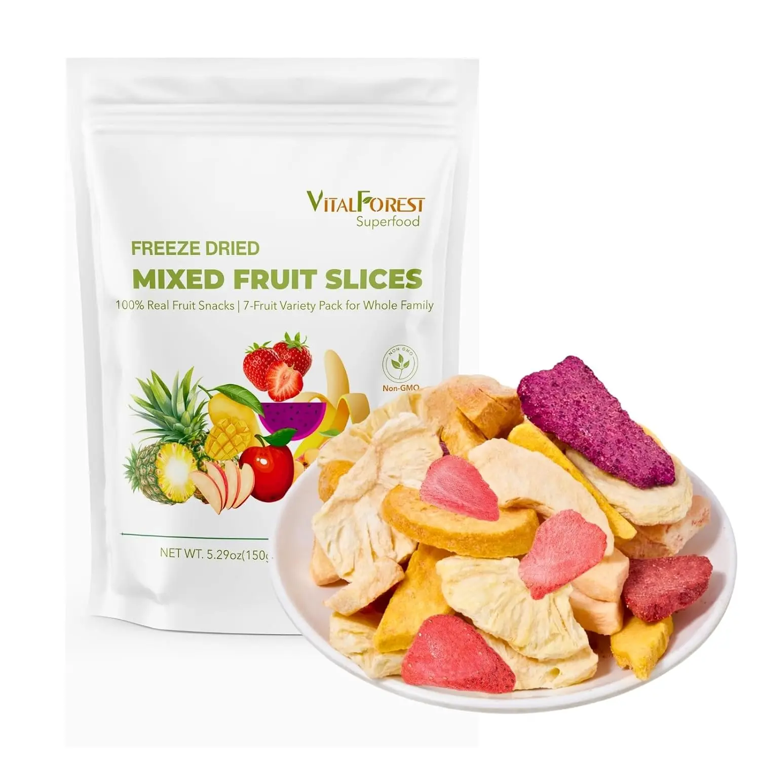5.29oz(150g) Freeze Dried Fruit Slices Mix, Natural Freeze Dried Fruit Snacks – Mixed Dried Fruit Chips Fruit Crisps with Strawberry, Mango, Banana, Pineapple, Apple & Peach, No Sugar Added, Non-GMO, Vegan