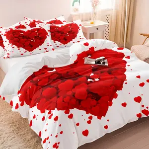 2/3 PCS Valentine's Day Flowers and Hearts Theme Duvet Cover Set: Romantic Valentine's Day Heart and Rose Print, Ideal Bedding Set for a Stylish Bedroom, Comfortable Duvet Cover Set Suitable for All Seasons, Filler Not Included.