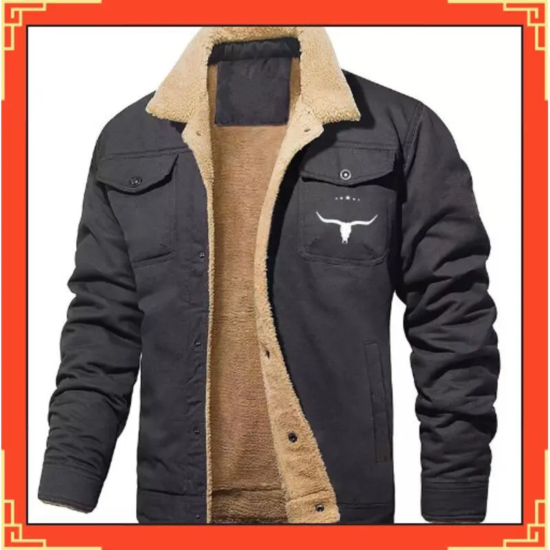Men's Cotton Shell Menswear Coat with Cowhead Print, Autumn-Winter Workwear Look Jacket