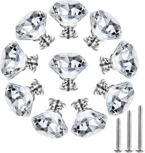 10-Pack Crystal Cabinet Knobs, 30mm Diamond Glass Pulls, Silver