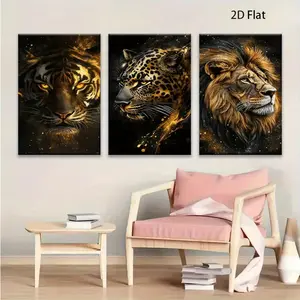 2D flat decorative painting, 3-piece set of 2D wooden framed posters, Golden Tiger animal art painting, African animal theme. Suitable for home and office wall decoration, Independence Day holiday decoration