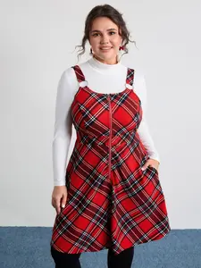 【Summer Turn-Up】Bloomchic Women's Regular Fit Plaid Print Sleeveless Zipper Overall-Strap Mini Dress 2026 Summer Pick for Mother's Day