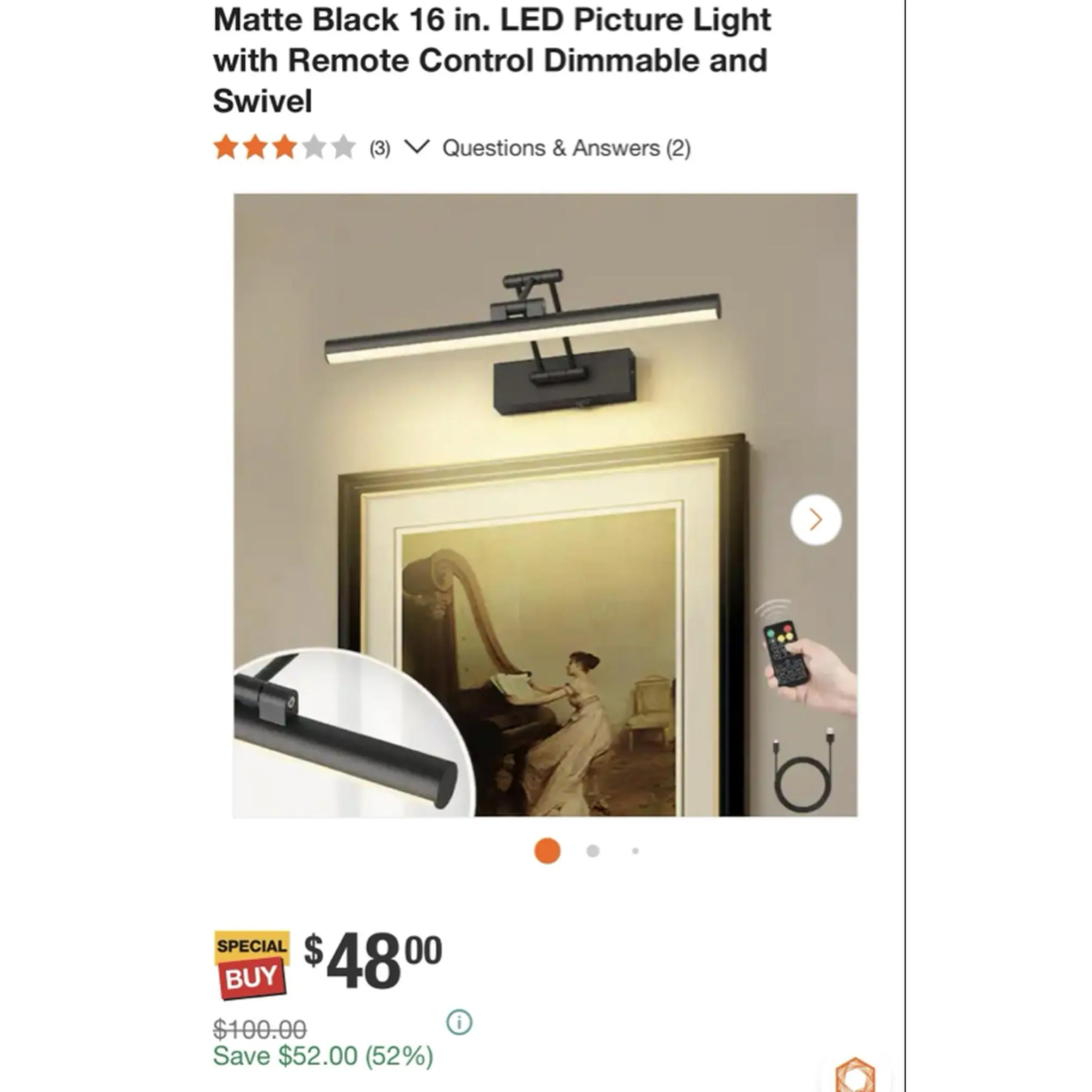 Matte Black 16 in. LED Picture Light with Remote Control Dimmable and Swivel for Home Decor