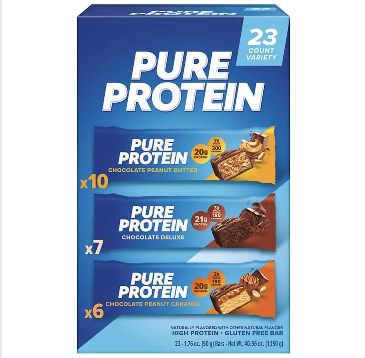 Pure Protein Bars, Nutrient Rich Snacks with High Protein for Energy Support, Minimal Sugar, Gluten-Free, Variety Pack (23 Pack) Chocolate Peanut