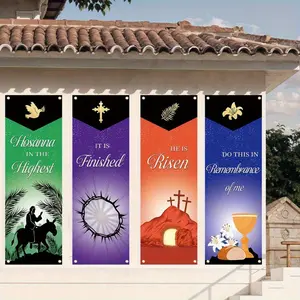 Easter Theme Backdrop Banner, 4 Counts/set Colorful Pattern Easter Church Banner, Suitable for Church Sanctuary Walls, Celebrations, Gifts, and Home Wall Decorations